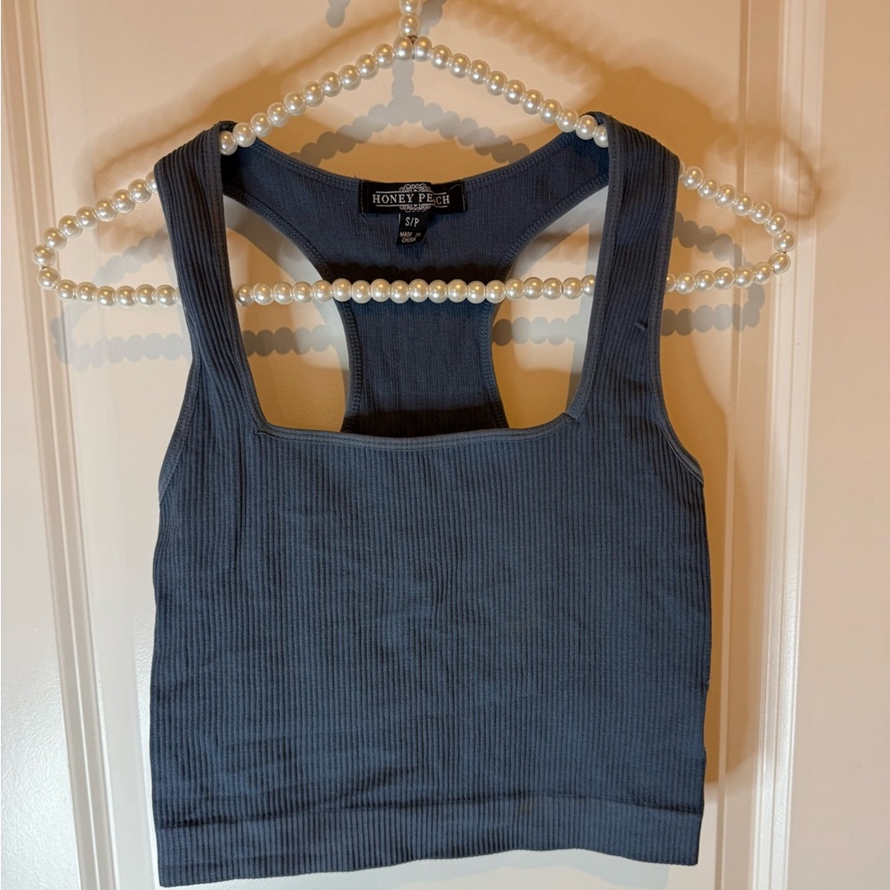 Honey Peach Ribbed Racerback Crop Tank – Slate Blue – Size Small